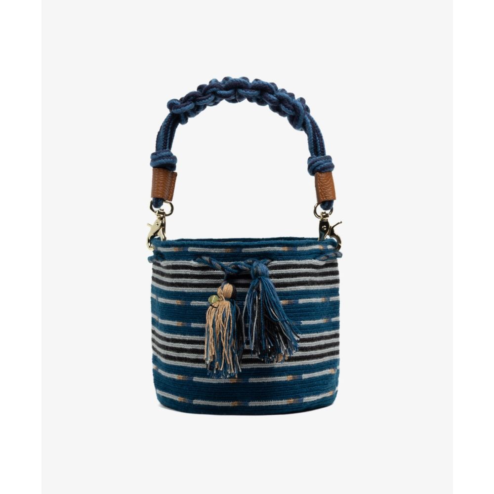 Crossbody Bag M with short macrame handle - ANTLIA- BLUE & TOAST
