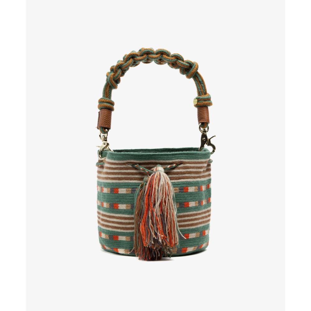 BOLSO CRUZADO M CON ASA DE MACRAMÉ - ANTLIA- TOSTADO Y VERDE
