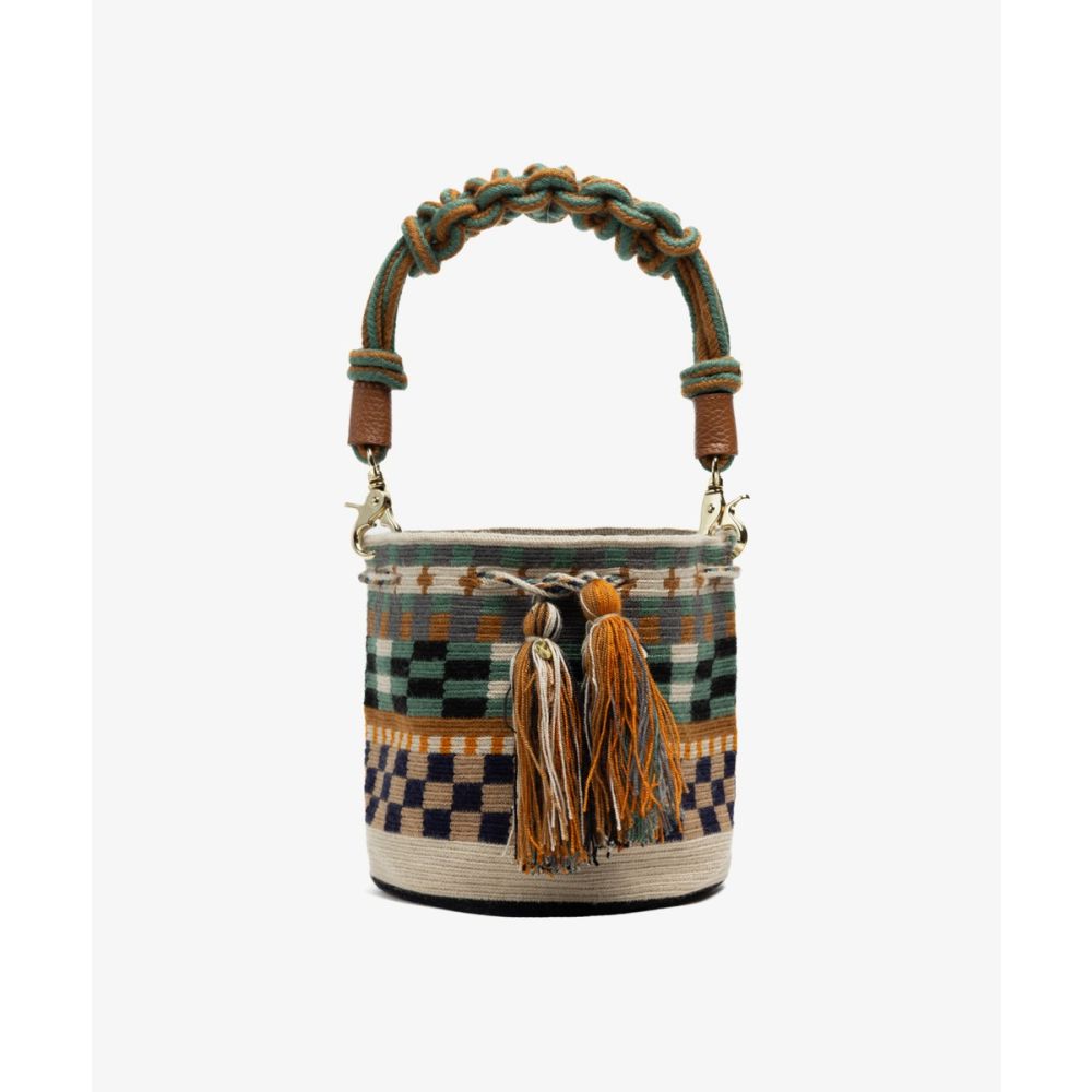 Crossbody Bag M with short macrame handle - POSEIDON- TOAST & GREEN