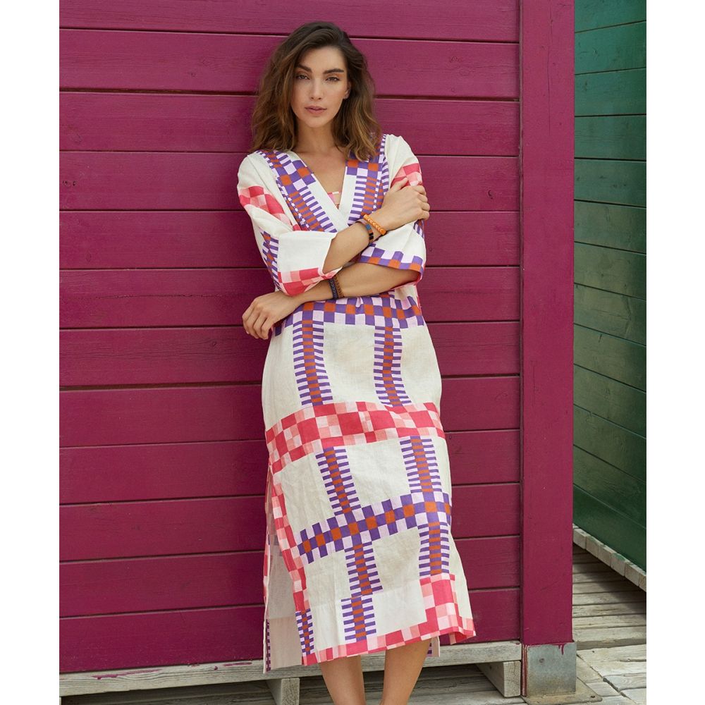 LINEN DRESS - DELPHINIUS - BEIGE & FUCHSIA