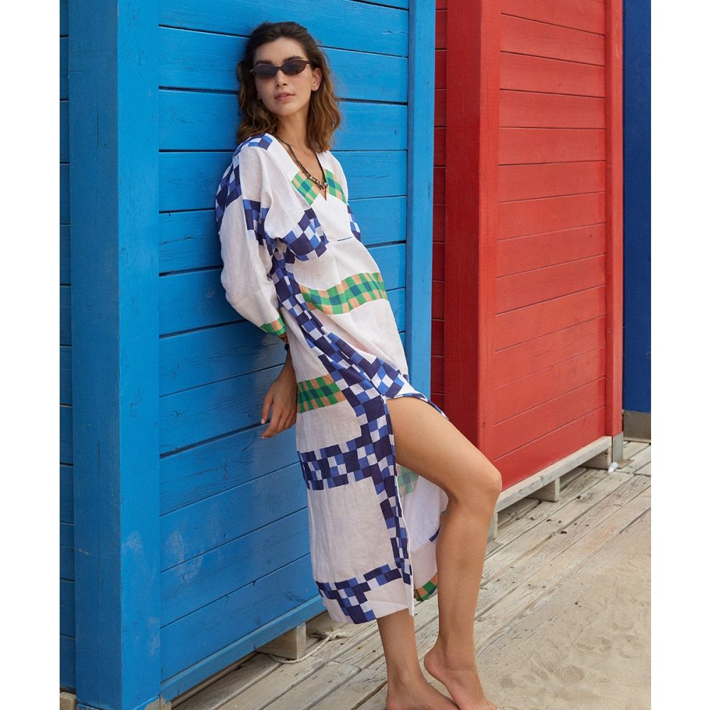 LINEN DRESS - DELPHINIUS - BEIGE & BLUE