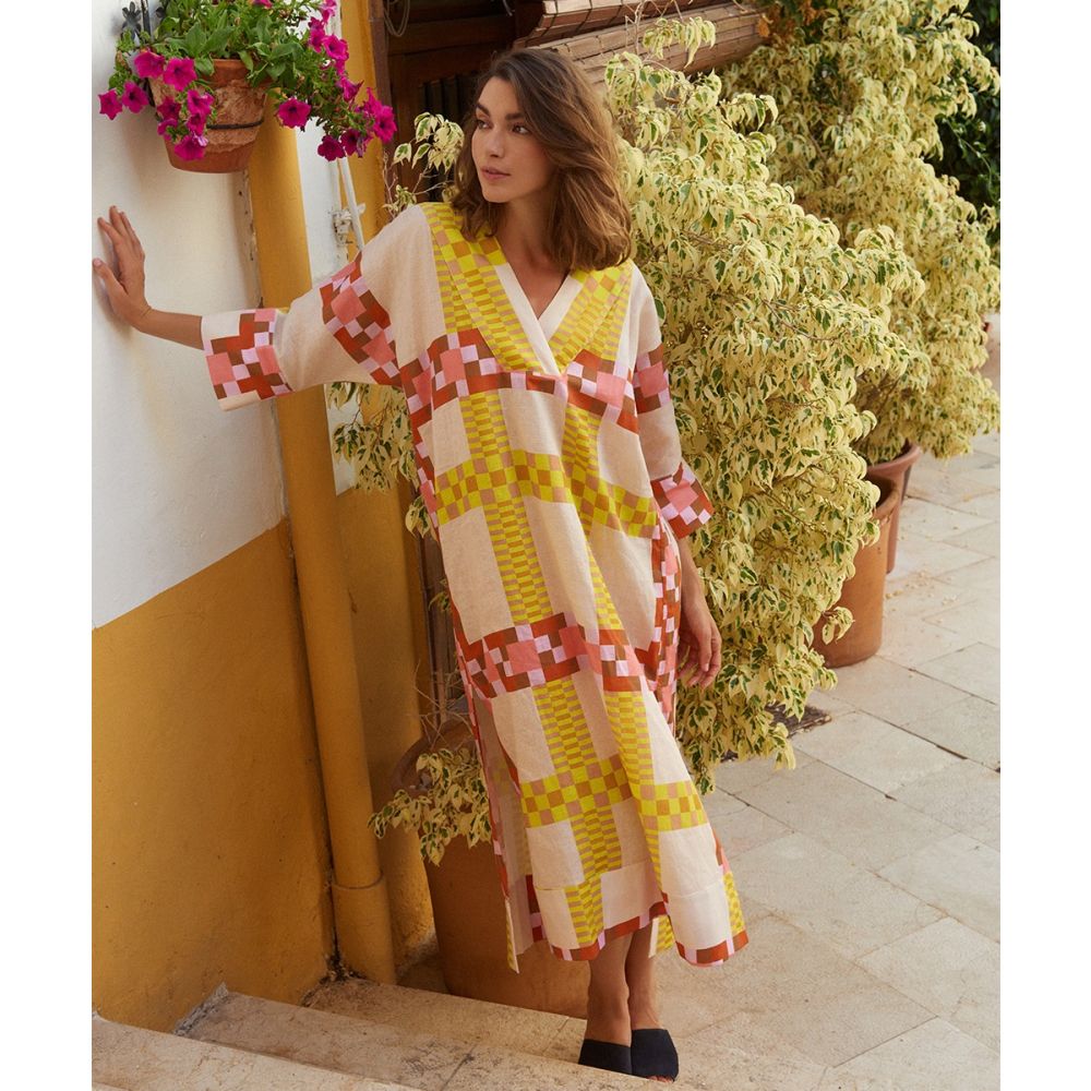 LINEN DRESS -  DELPHINIUS - PINK & YELLOW