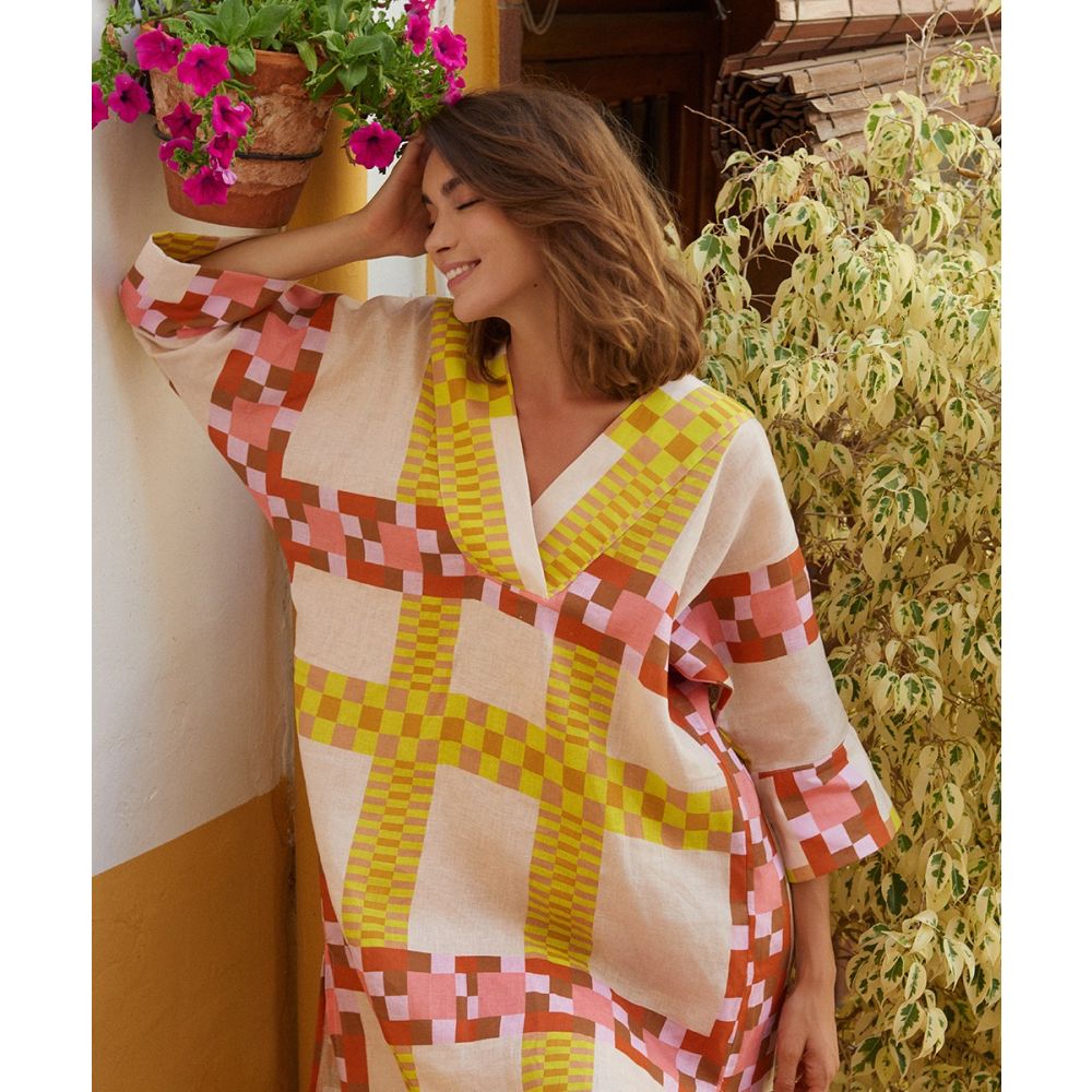 LINEN DRESS -  DELPHINIUS - PINK & YELLOW