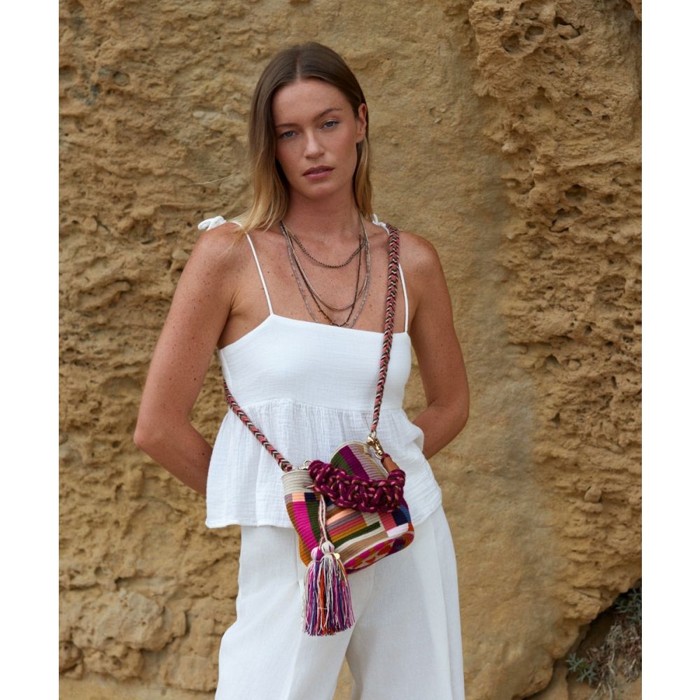 Crossbody Bag M with short macrame handle -  BALANCE - TOAST & MULTICOLOR