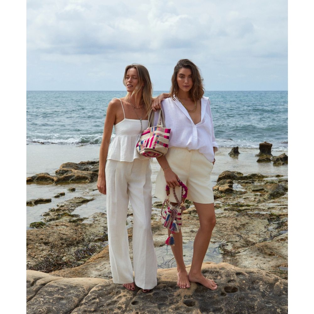 Crossbody Bag M with short macrame handle - CAPRICORNUS - BEIGE & PINK