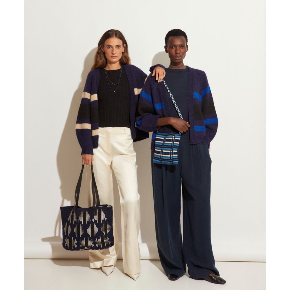 Shopping Bag L WITH LEATHER STRAP -  MARIGOLD- NAVY & TOAST