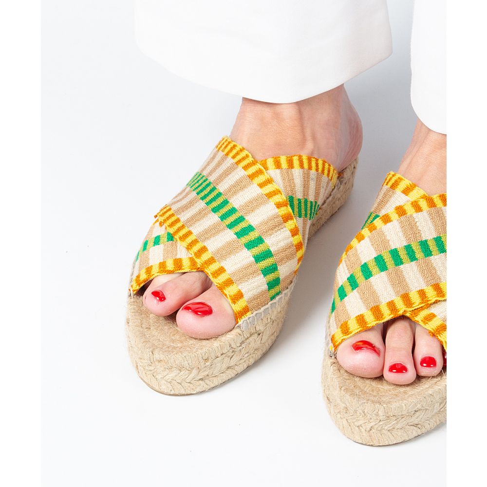 ESPADRILLE CROSSED WIDE BAND- YELLOW & GREEN