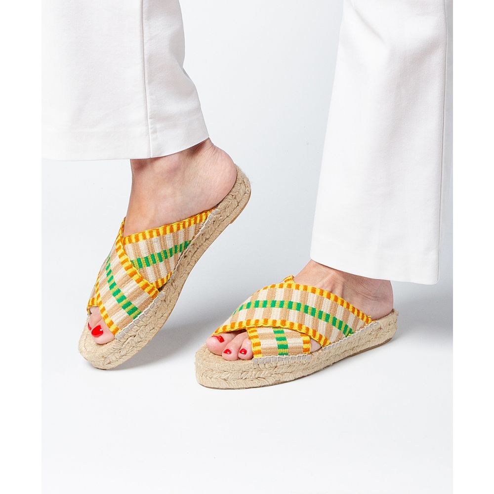 ESPADRILLE CROSSED WIDE BAND- YELLOW & GREEN