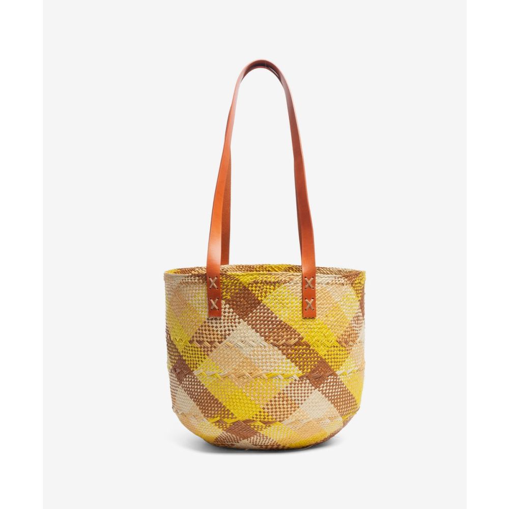 CANASTO BAG S - YELLOW & BROWN WITH LEATHER STRAP