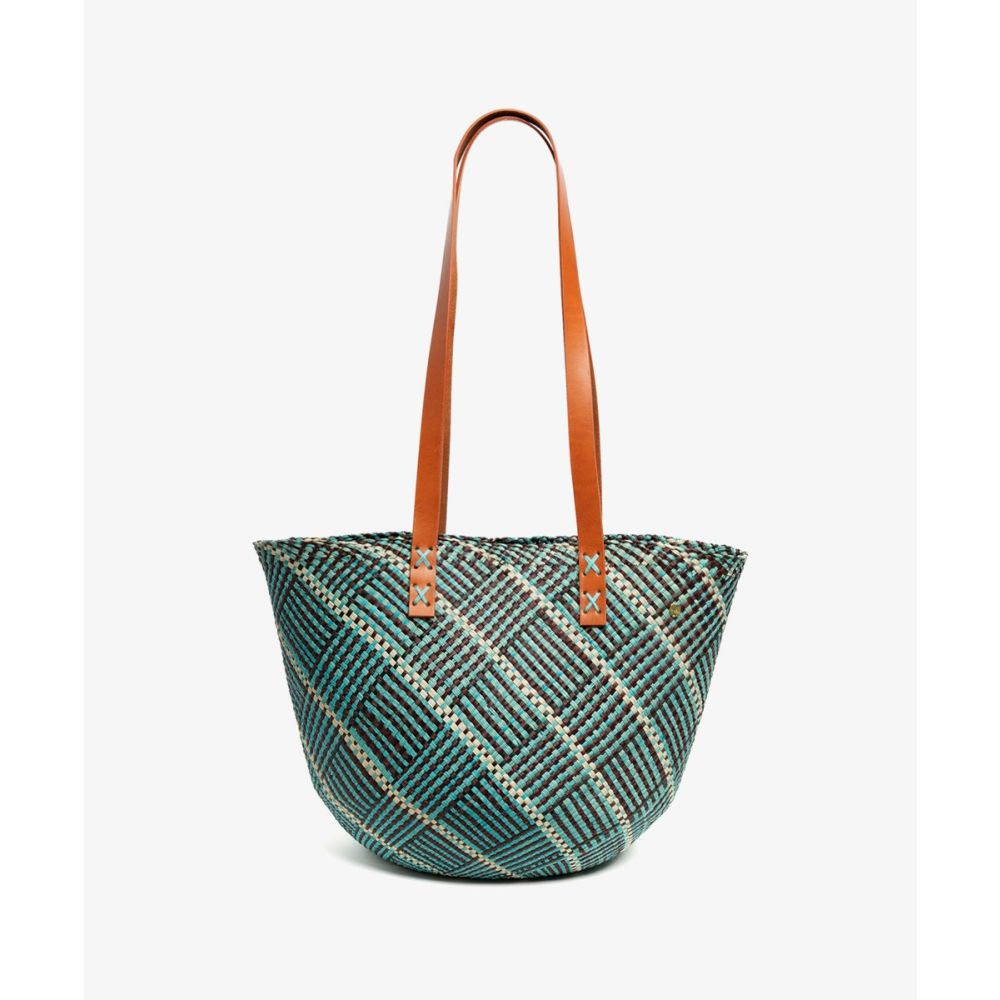 CANASTO BAG S - WITH LEATHER STRAP - BLUE & BROWN