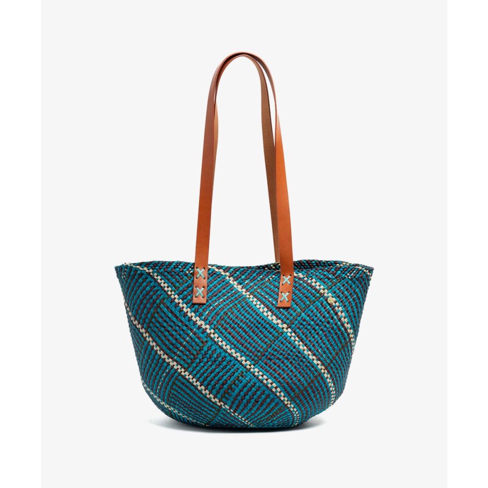 CANASTO BAG S - WITH LEATHER STRAP - BLUE & BROWN
