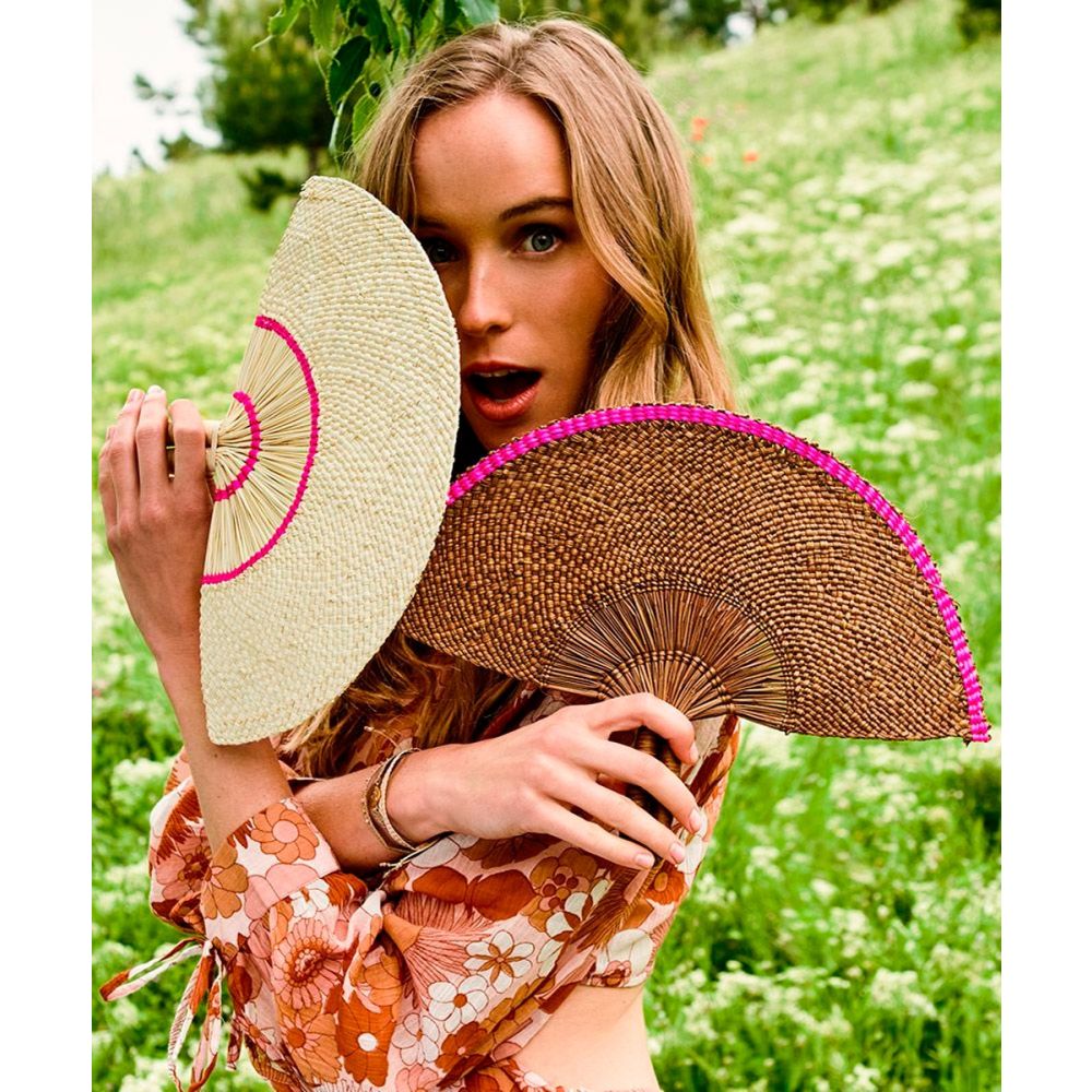 Handwoven fan - Fuchsia & Beige

