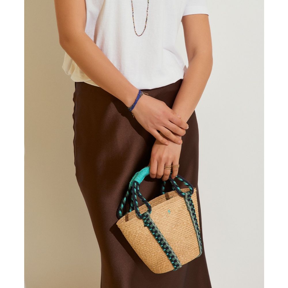 IRACA BASKET XL SIMOS BROWN LEATHER HANDLE - BLUE & BEIGE