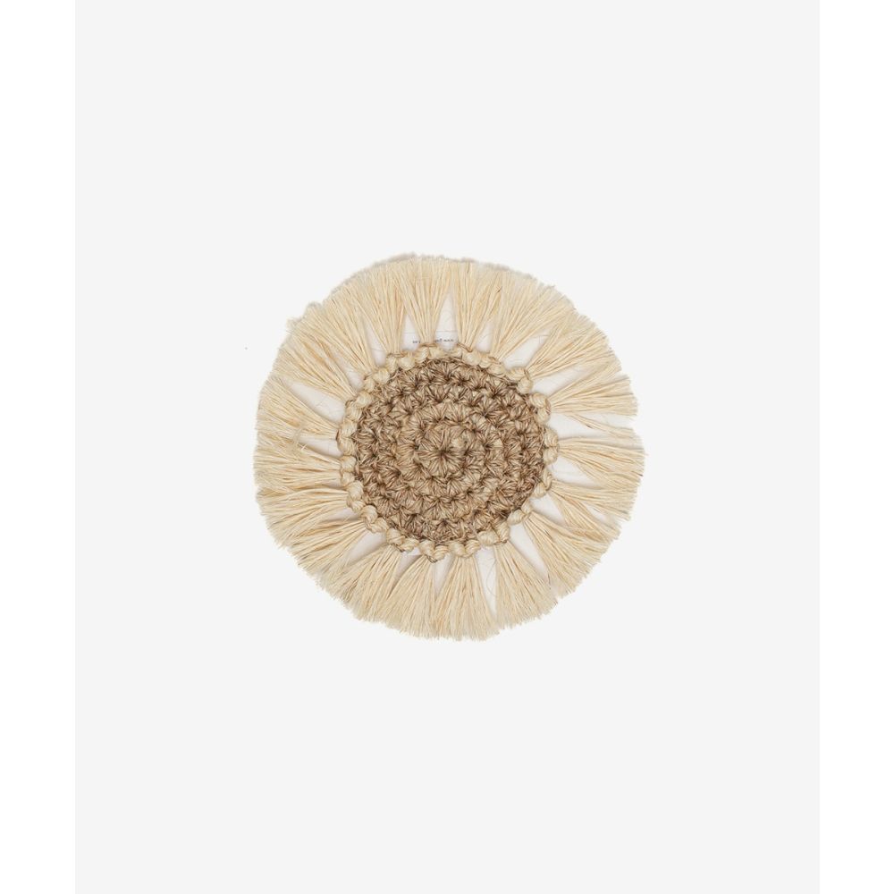 ROUND COASTER FIQUE WITH FRINGES - NATURAL & WHITE