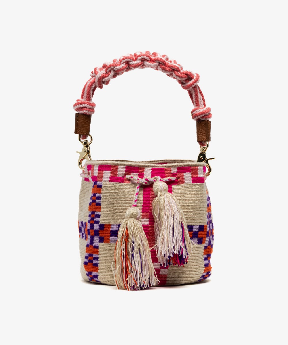 Crossbody Bag M with short macrame handle -  DELPHINIUS - BEIGE & FUCHSIA