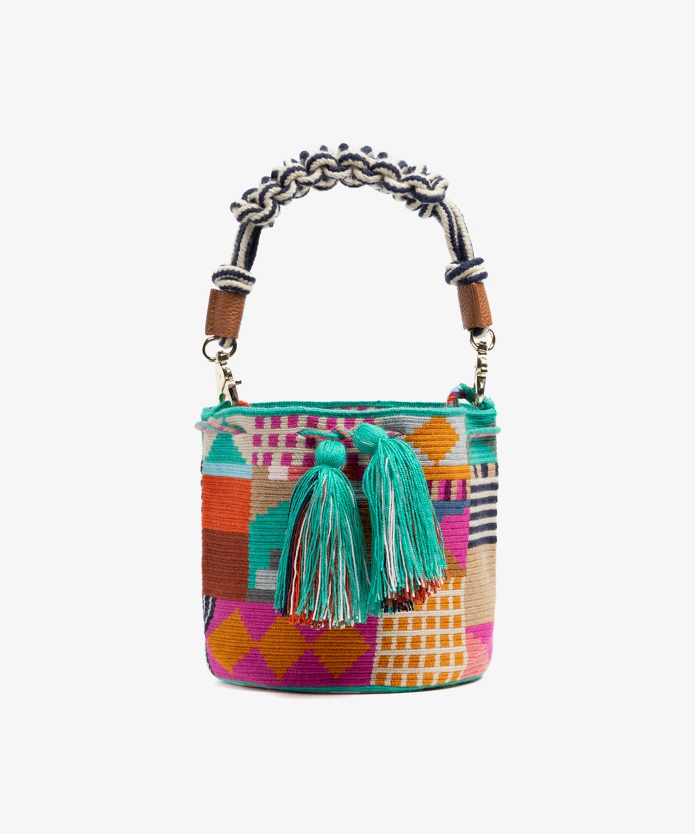 Crossbody Bag M with short macrame handle - LION - TURQUOISE & MULTICOLOR