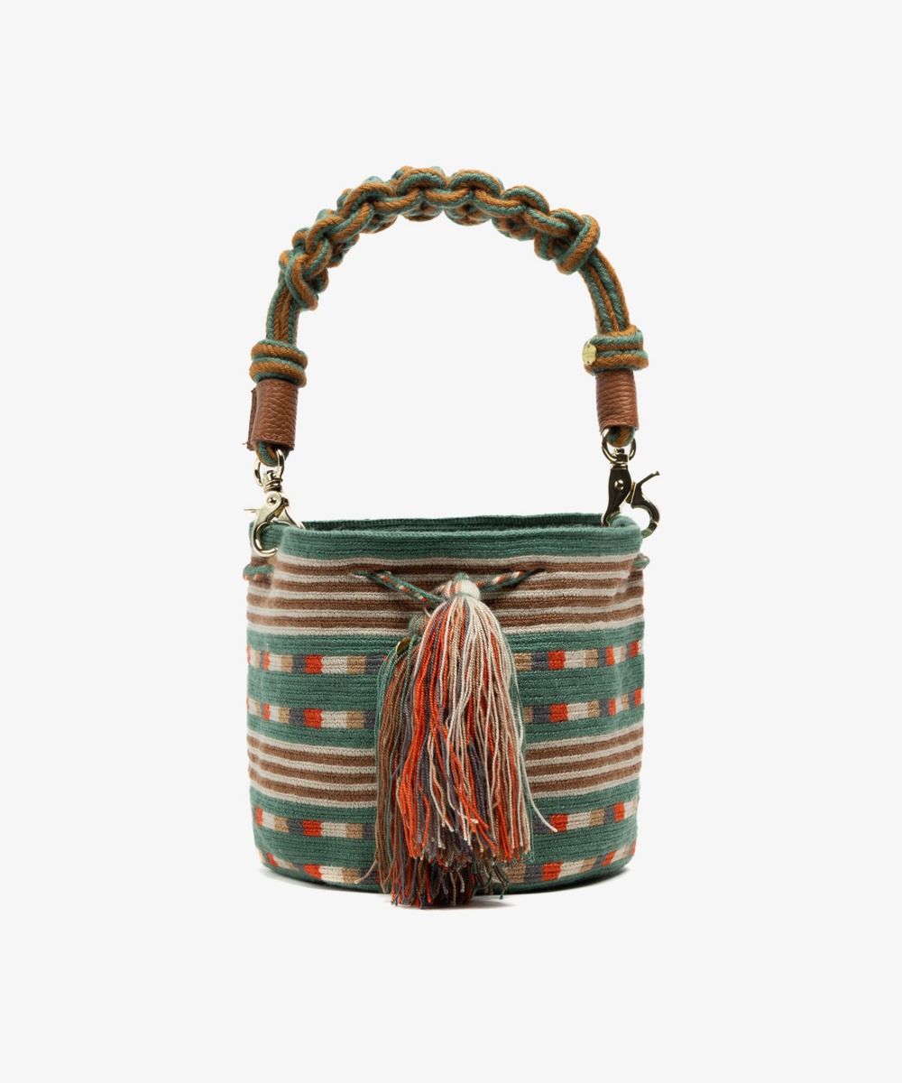 BOLSO CRUZADO M CON ASA DE MACRAMÉ - ANTLIA- TOSTADO Y VERDE