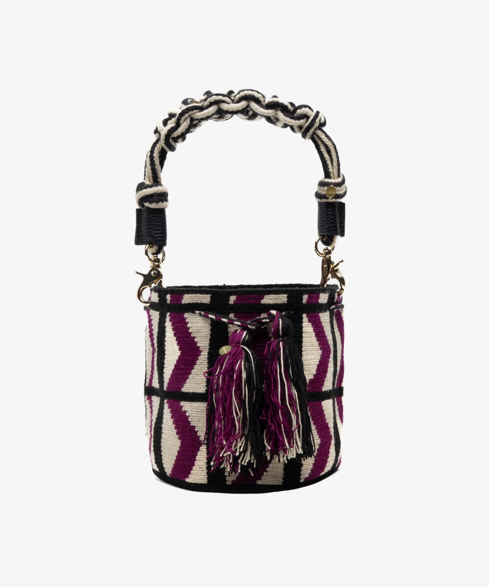 Crossbody Bag M with short macrame handle - SHIELD- PURPLE & BLACK