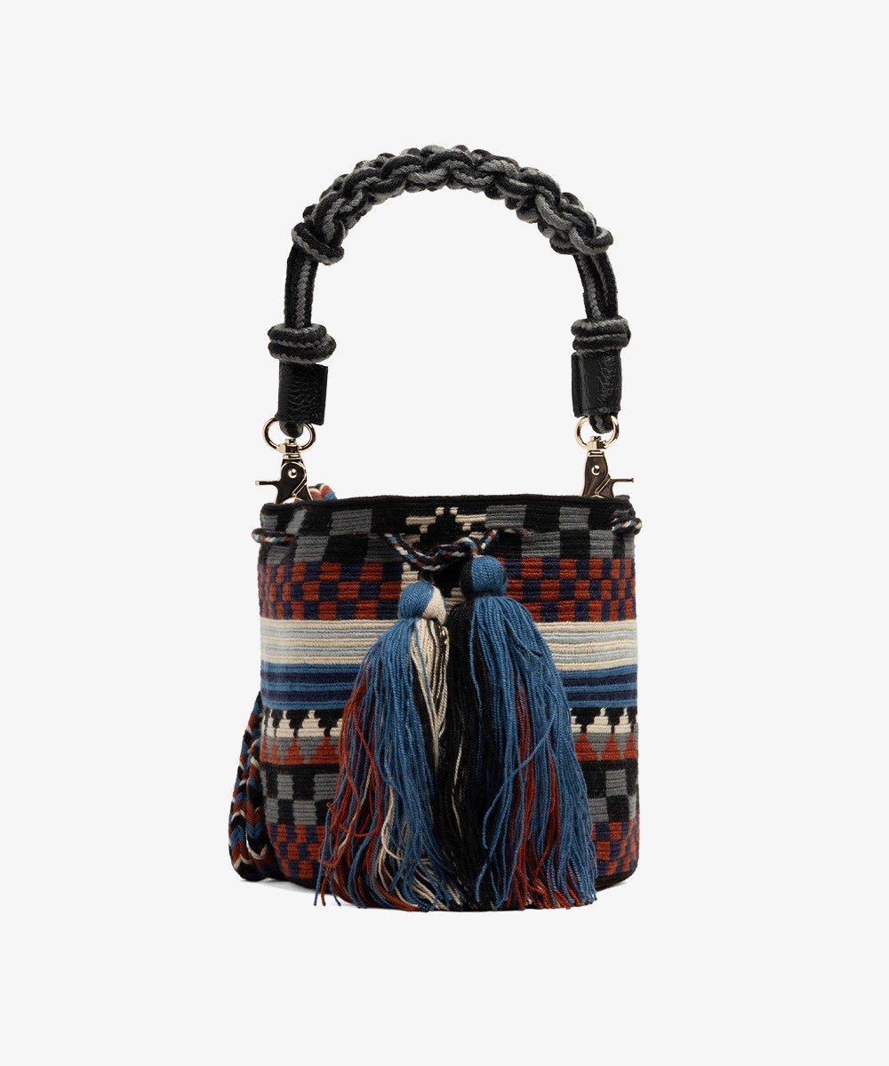 Crossbody Bag M with short macrame handle - FELICITY - BLUE & BEIGE 