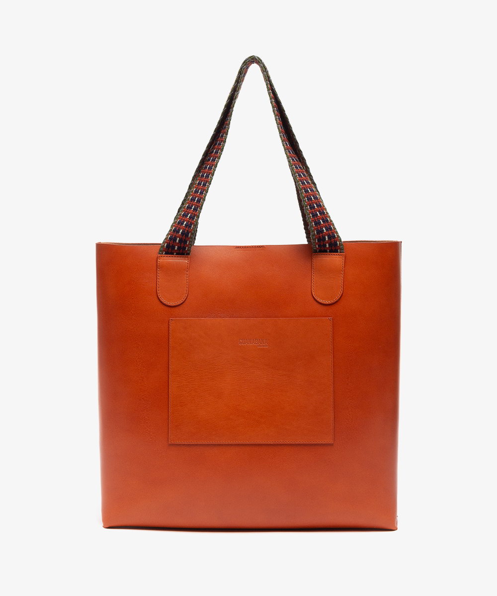 LEATHER TOTE BAG BAND HANDLE - BROWN 