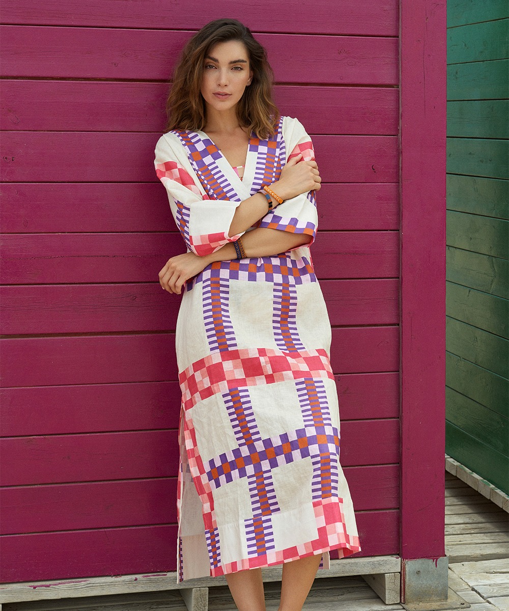 LINEN DRESS - DELPHINIUS - BEIGE & FUCHSIA