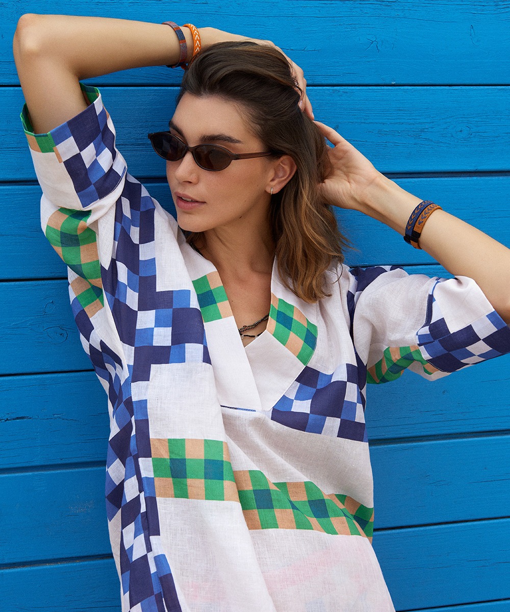 LINEN DRESS - DELPHINIUS - BEIGE & BLUE