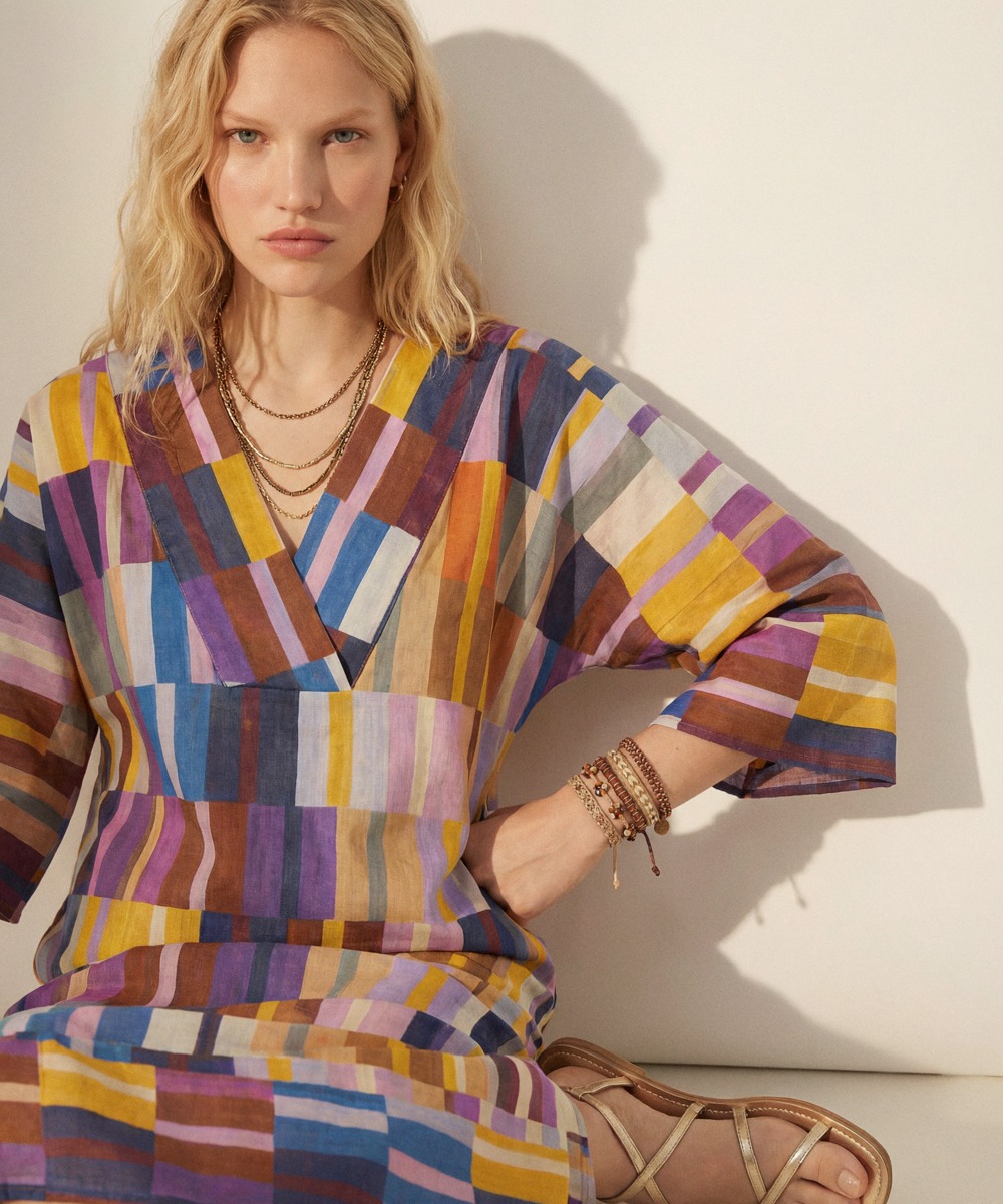 LINEN DRESS - OCTANT - PURPLE & BEIGE