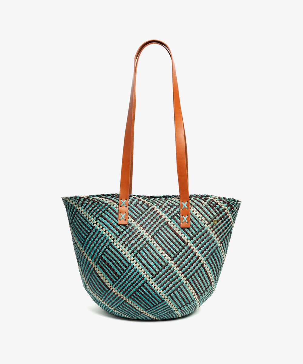 CANASTO BAG S - WITH LEATHER STRAP - BLUE & BROWN