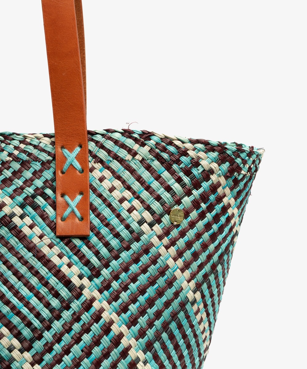 CANASTO BAG S - WITH LEATHER STRAP - BLUE & BROWN